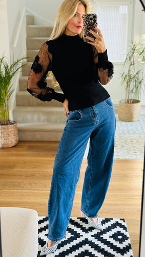 Organza Sleeve Turtle Neck Top