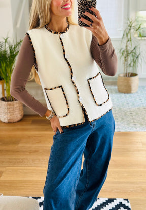 Leopard Trim Knitted Gilet