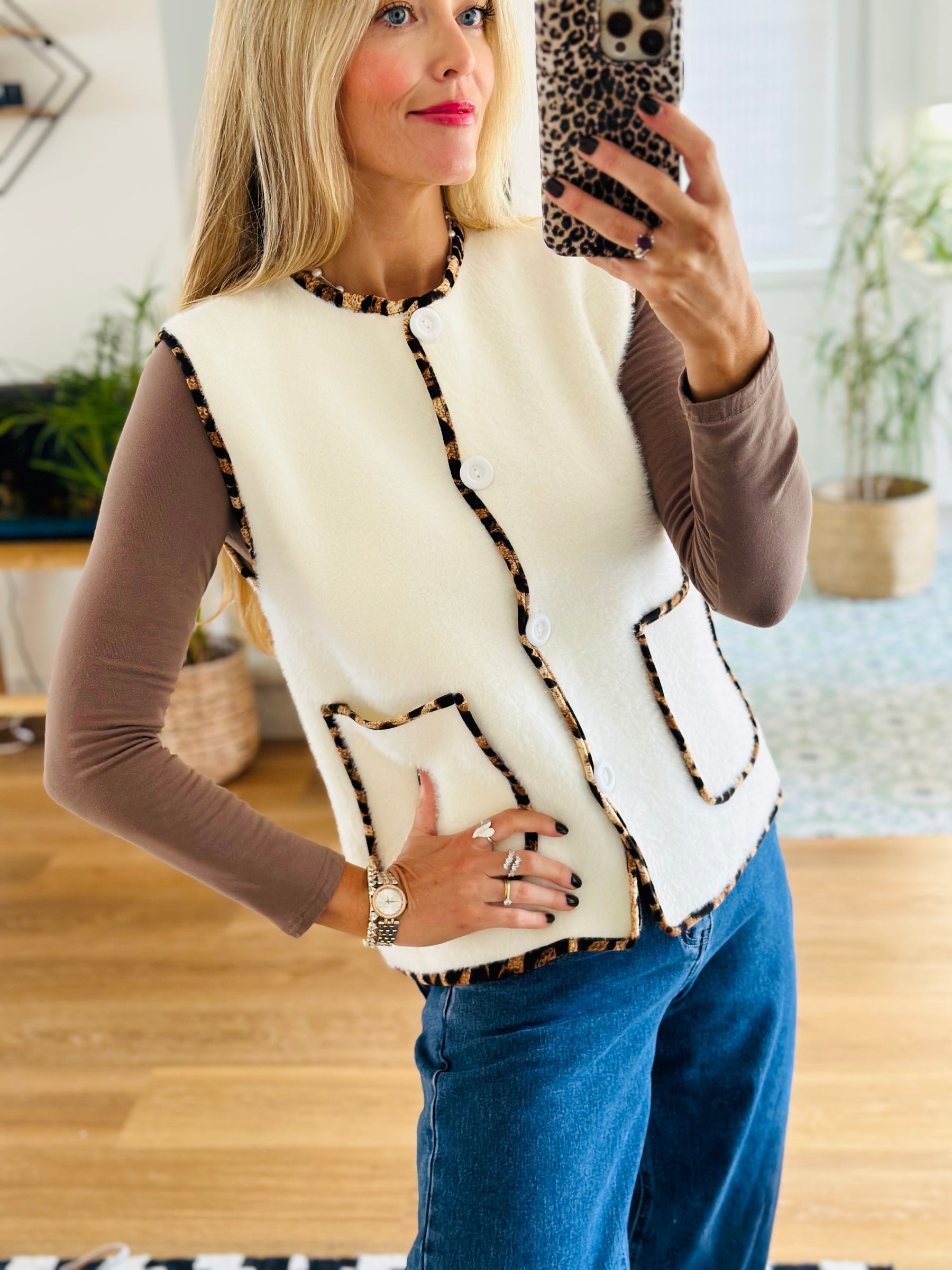 Leopard Trim Knitted Gilet