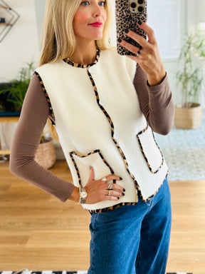Leopard Trim Knitted Gilet