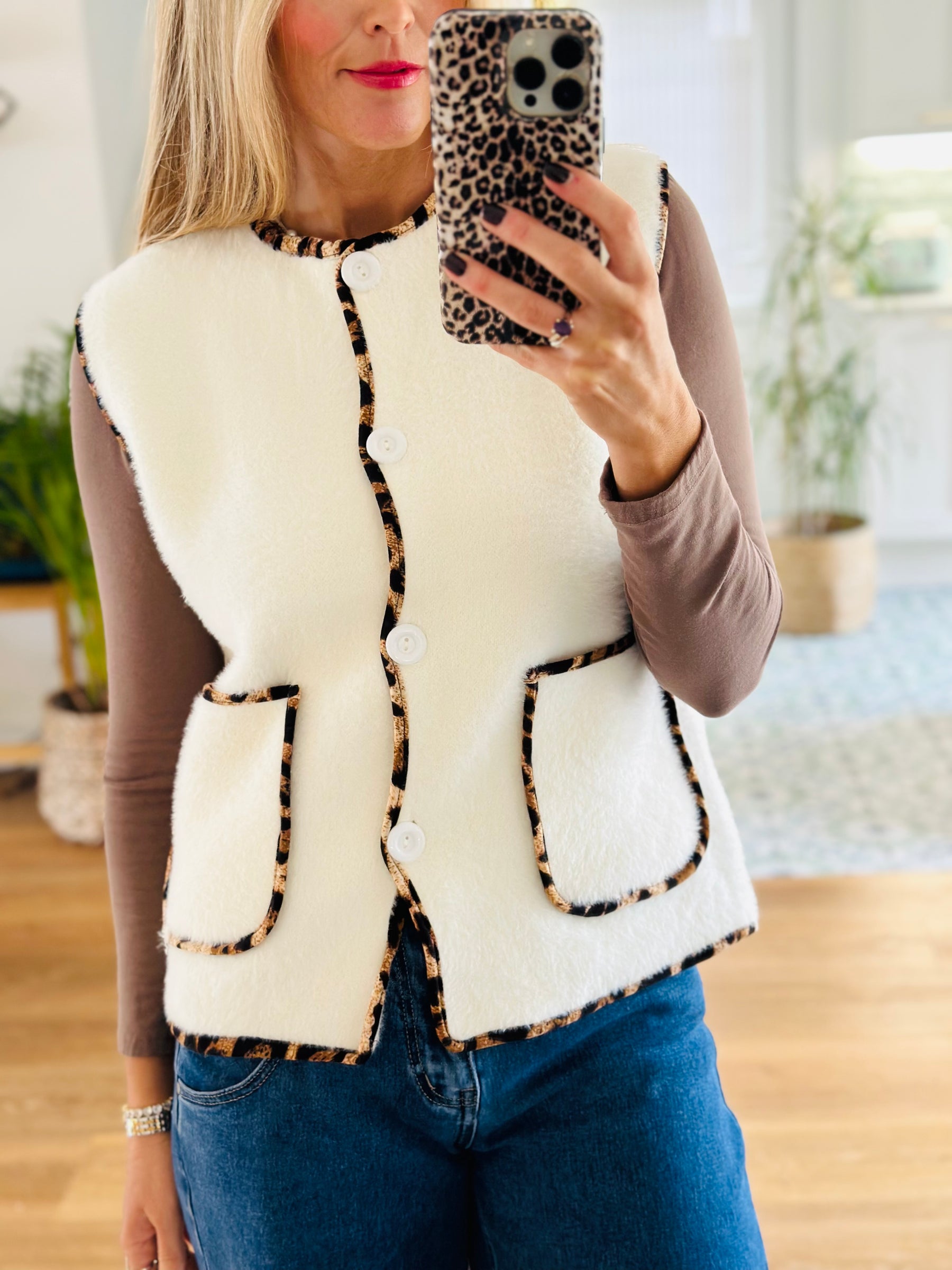 Leopard Trim Knitted Gilet