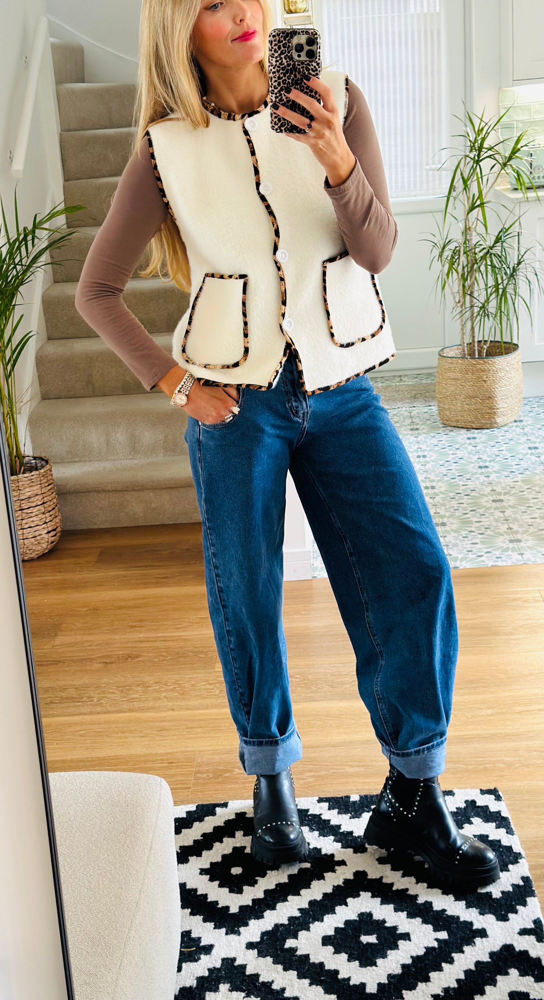 Leopard Trim Knitted Gilet