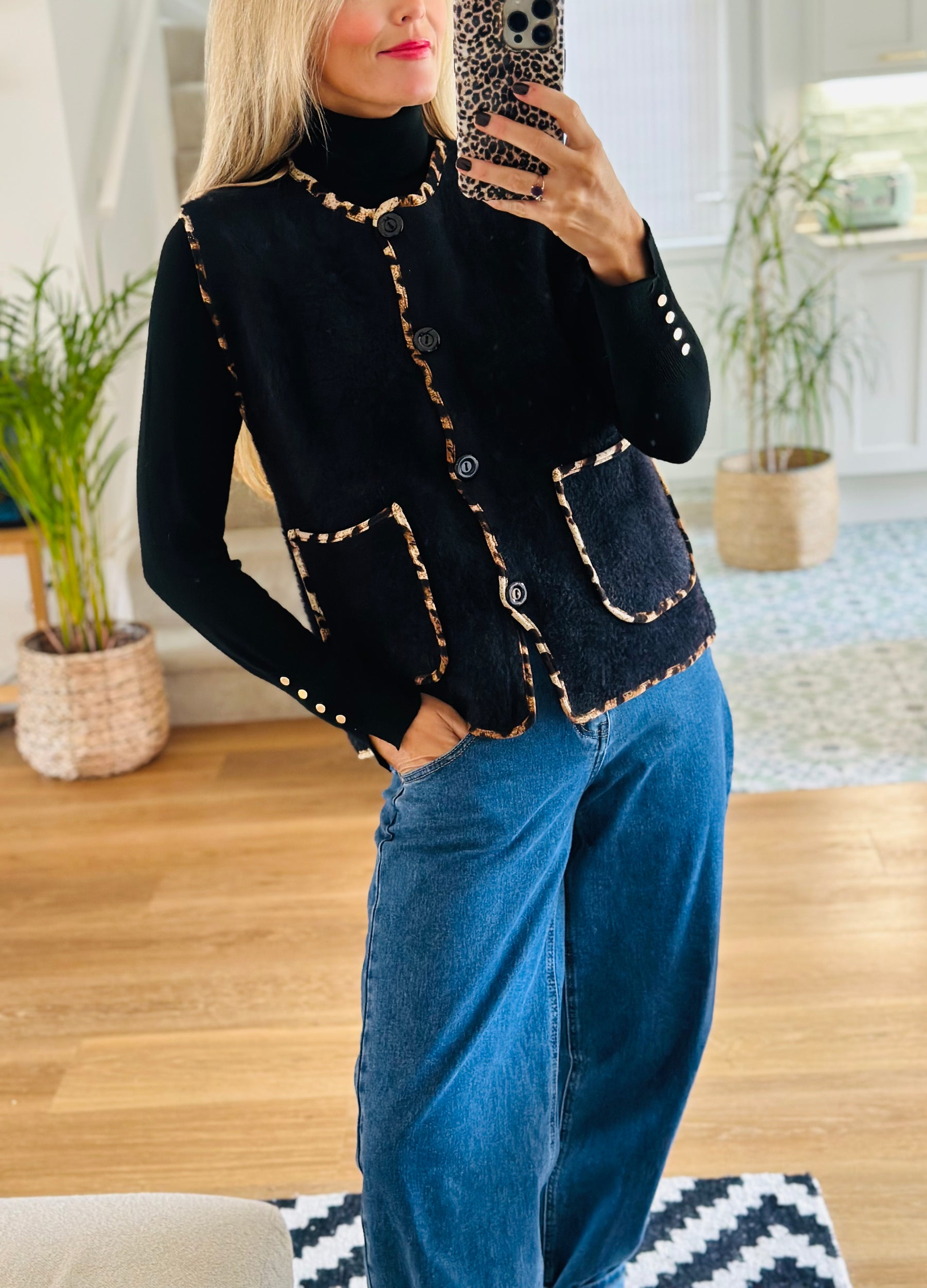 Leopard Trim Knitted Gilet