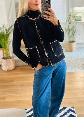 Leopard Trim Knitted Gilet