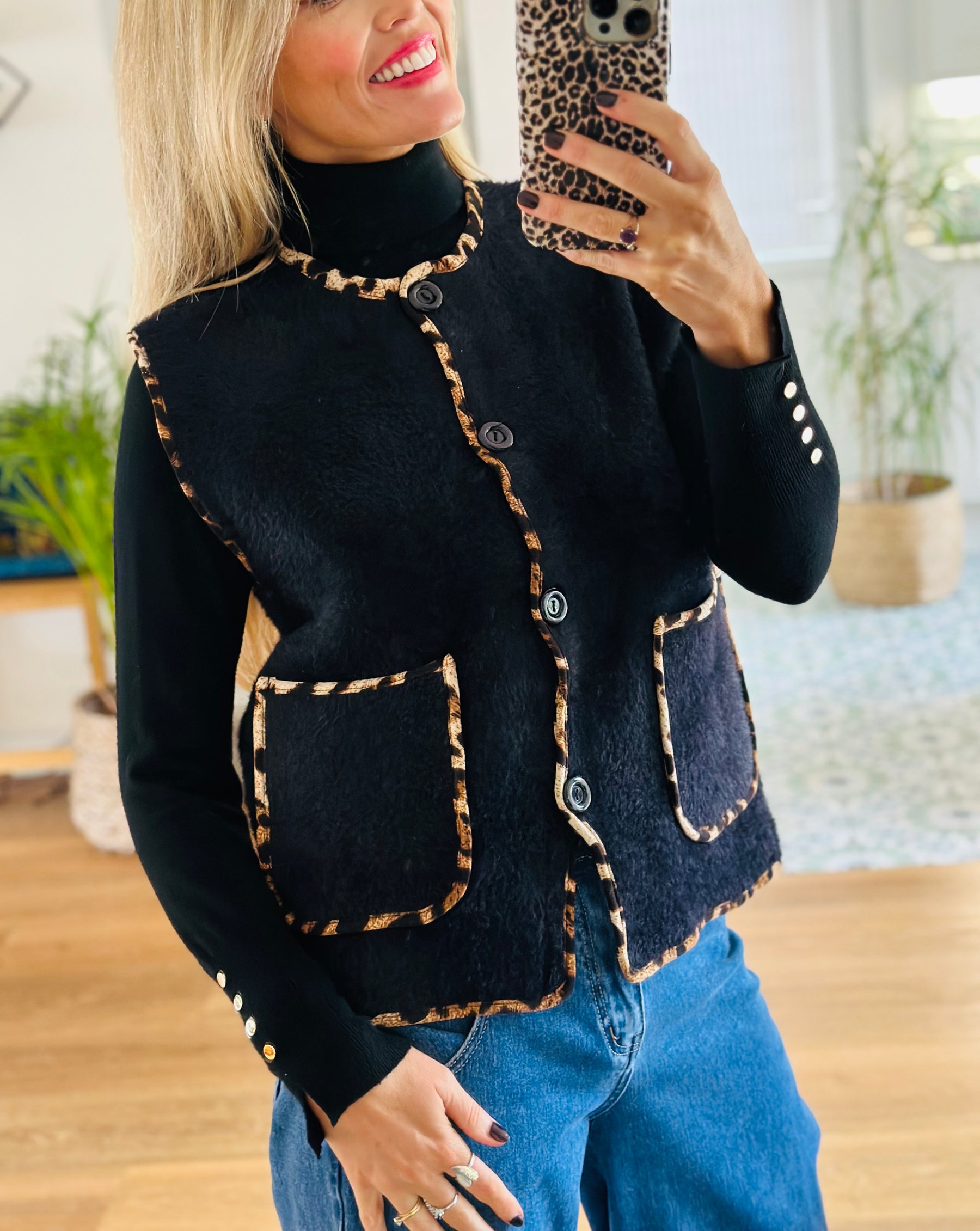 Leopard Trim Knitted Gilet