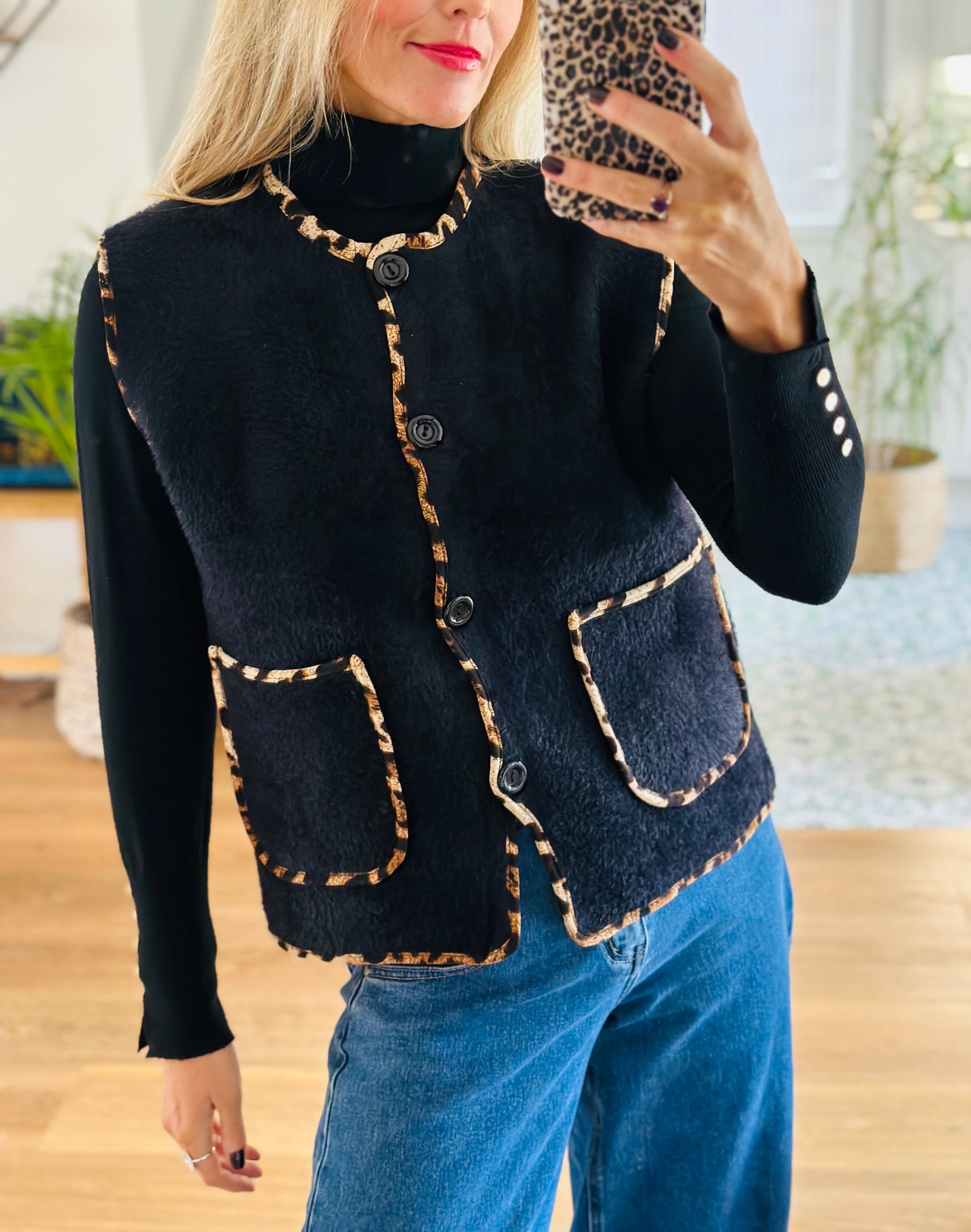 Leopard Trim Knitted Gilet