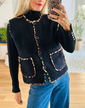 Leopard Trim Knitted Gilet