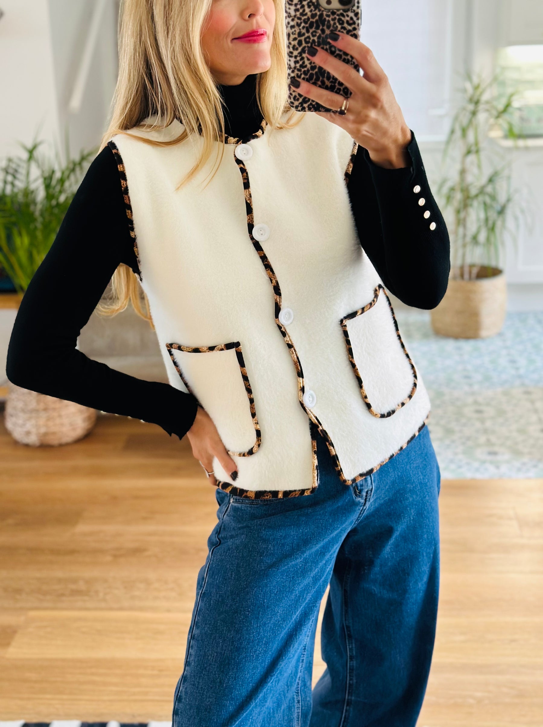 Leopard Trim Knitted Gilet
