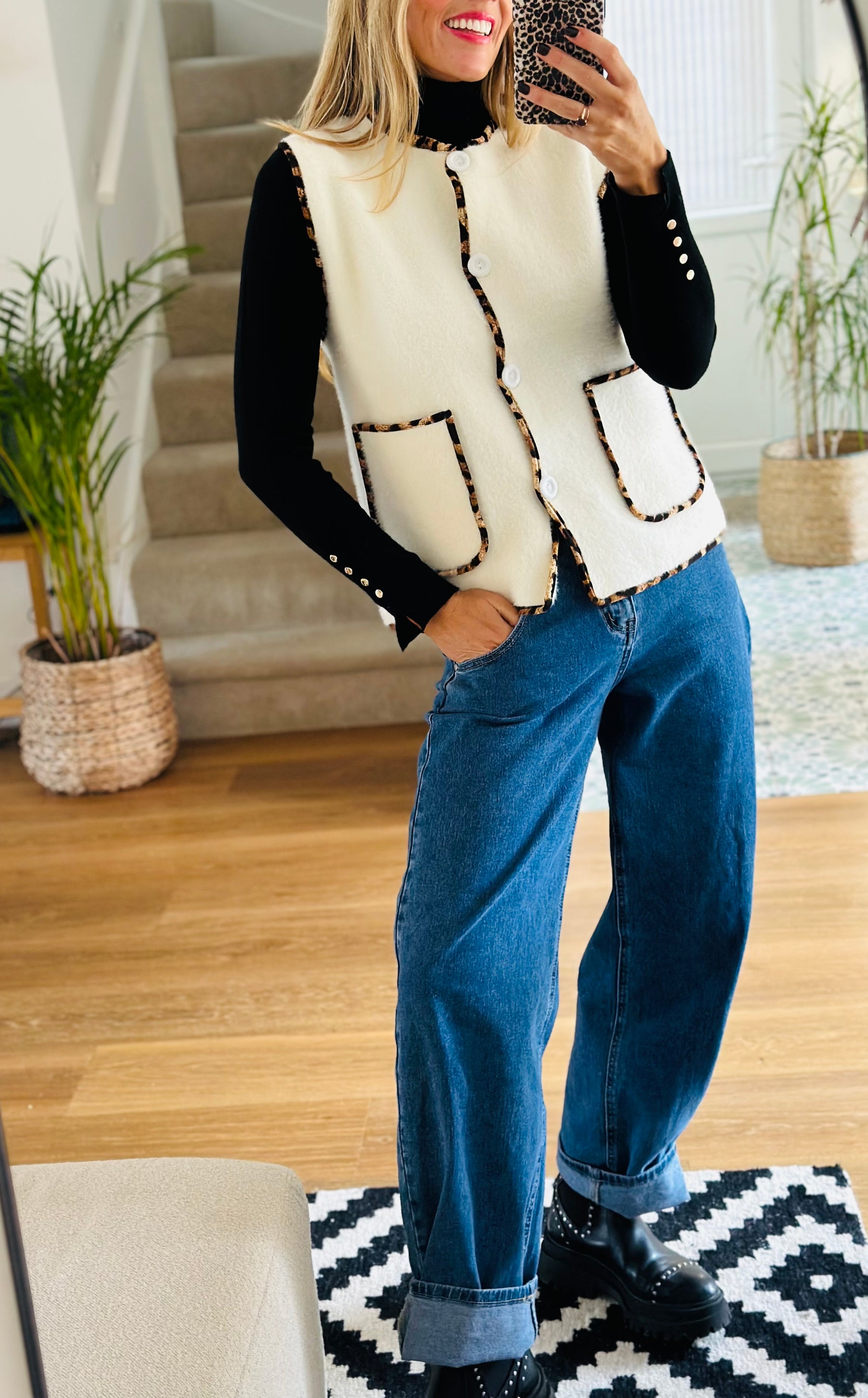 Leopard Trim Knitted Gilet