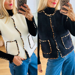 Leopard Trim Knitted Gilet