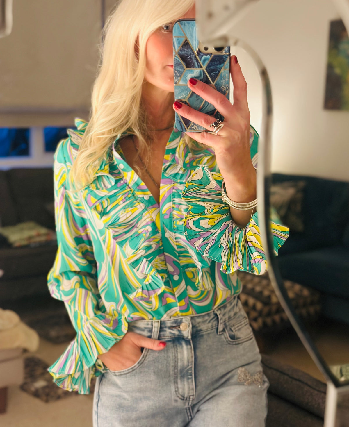 Green 70s Print Ruffle Shirt