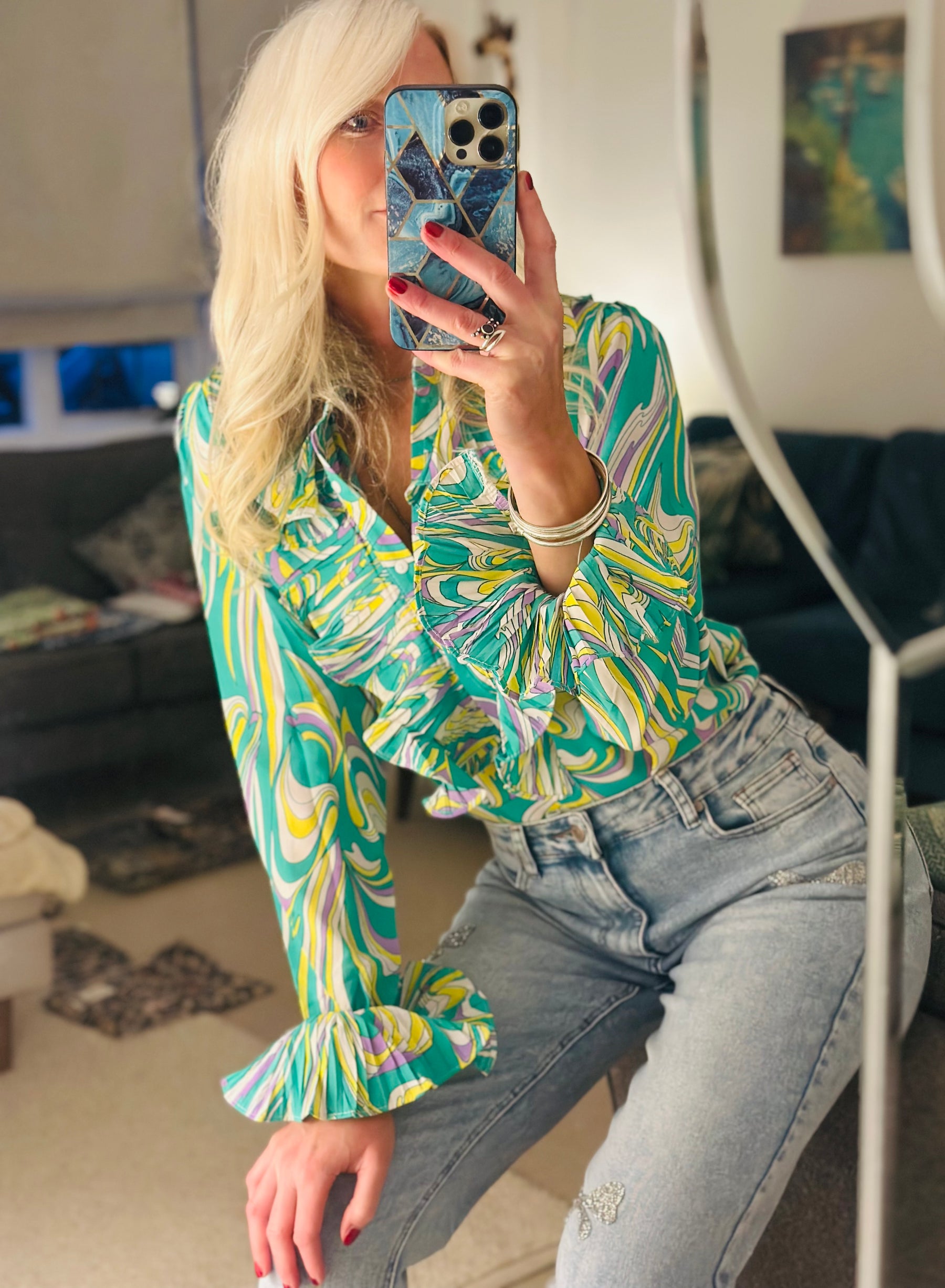 Green 70s Print Ruffle Shirt