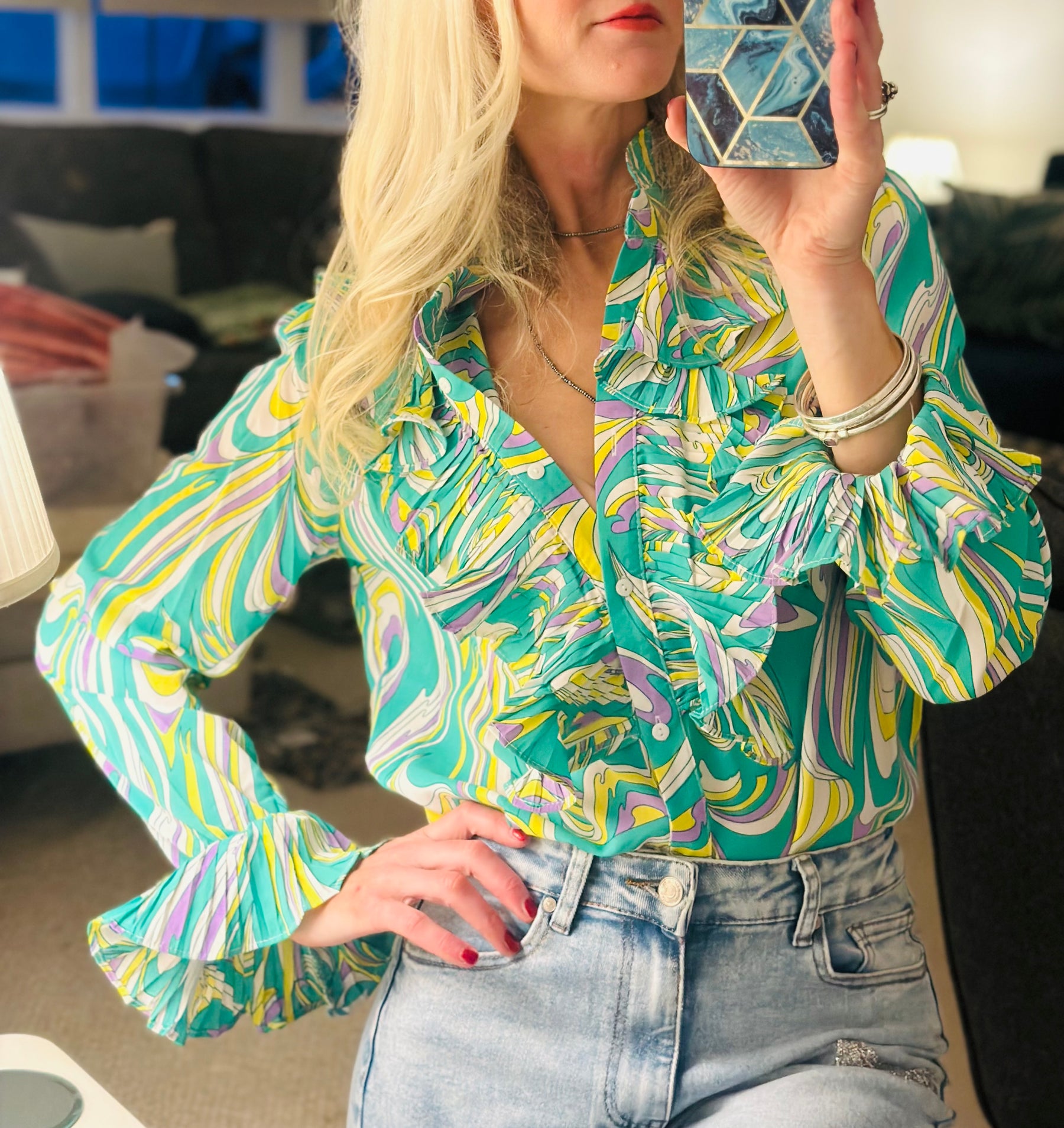 Green 70s Print Ruffle Shirt