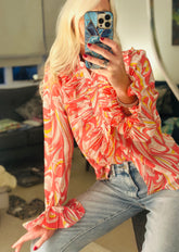 Pink 70s Print Ruffle Shirt