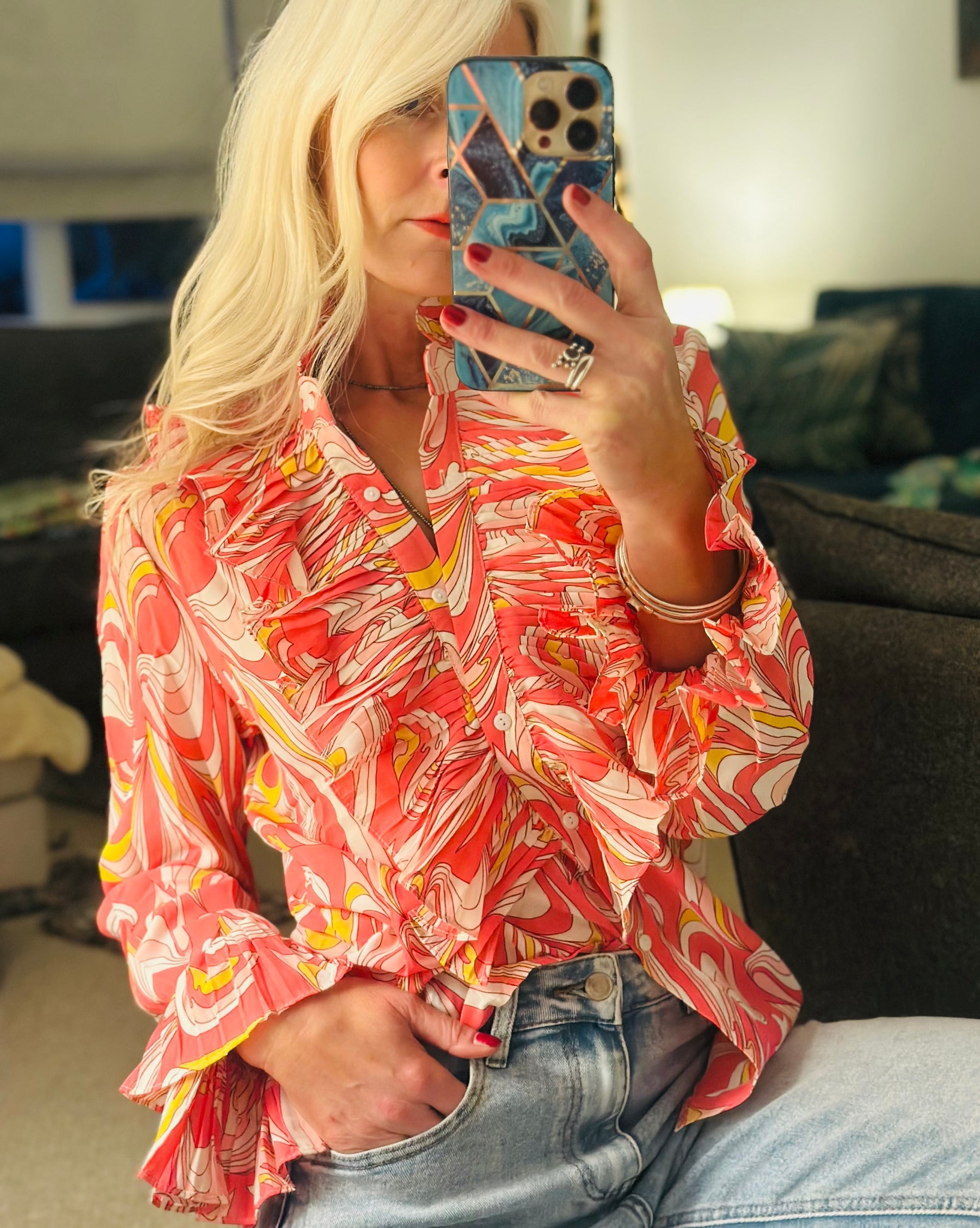 Pink 70s Print Ruffle Shirt