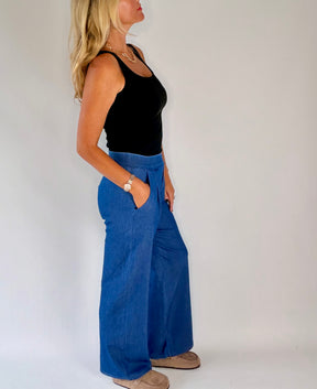 Denim Wide Leg Stretch Trousers