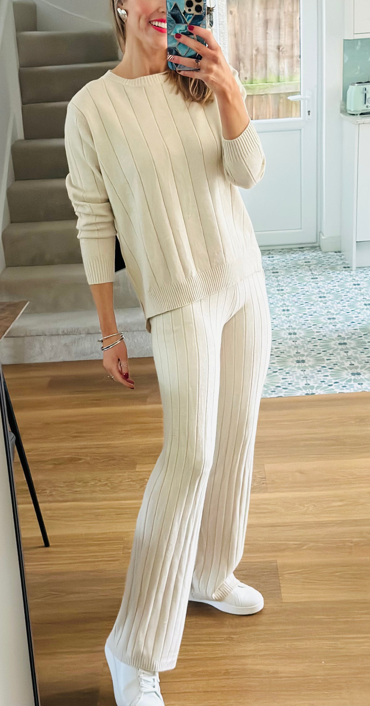 Celeste Wide Leg Ribbed Lounge Set in Cream