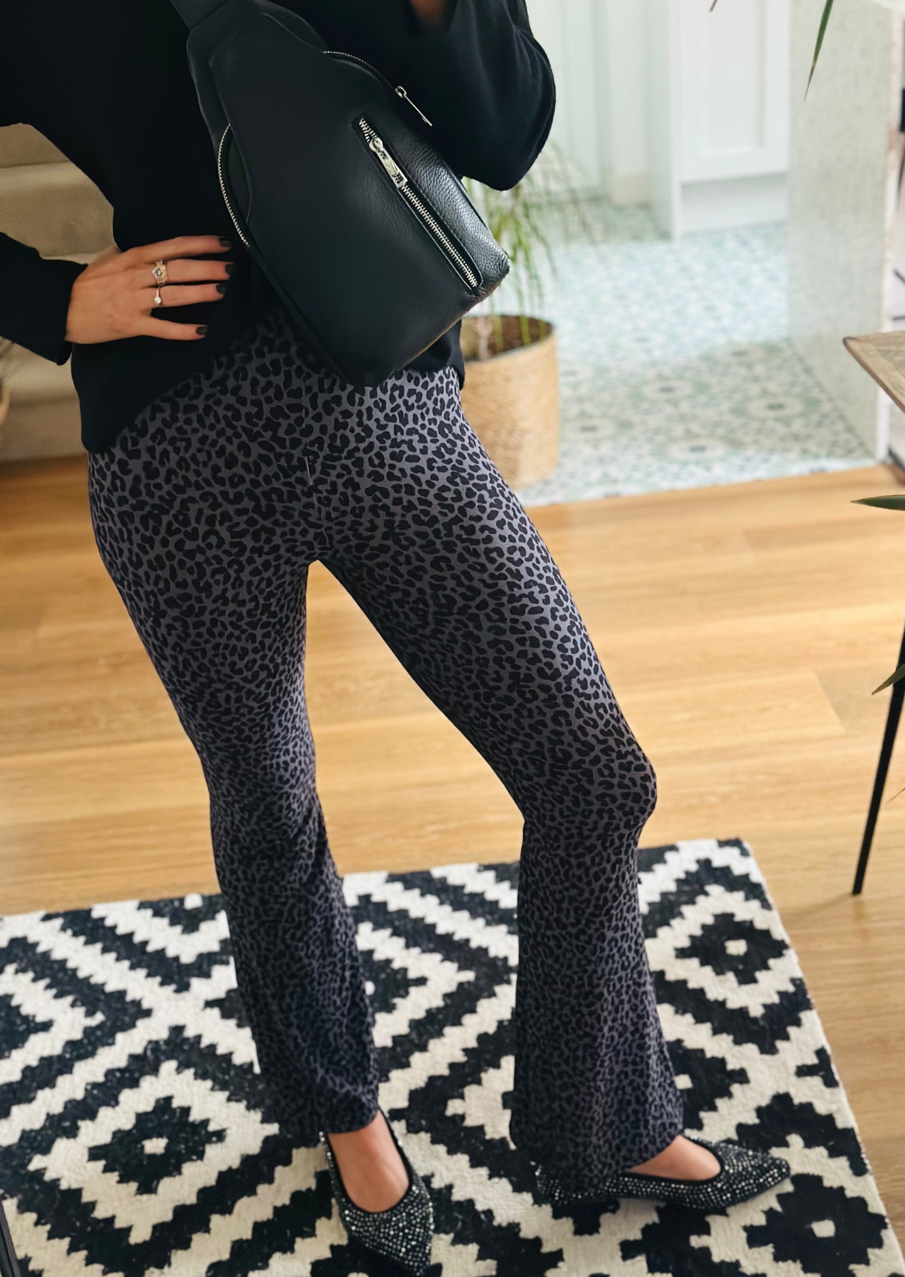 Grey Leopard Print Flared Leggings