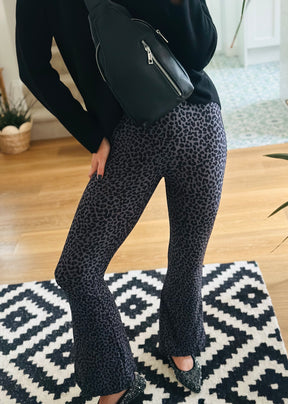 Grey Leopard Print Flared Leggings