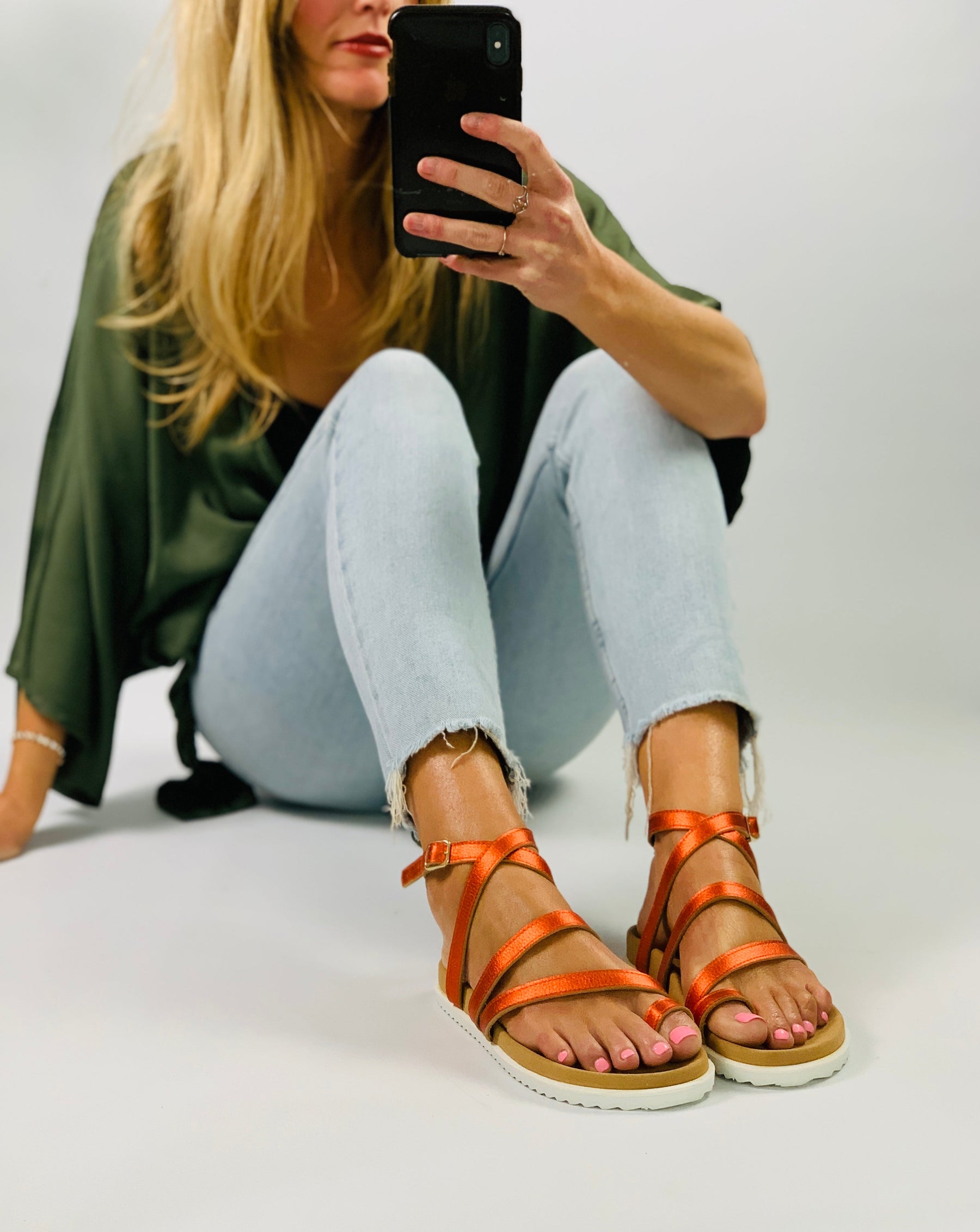 press sample Blaze orange gladiator sandals