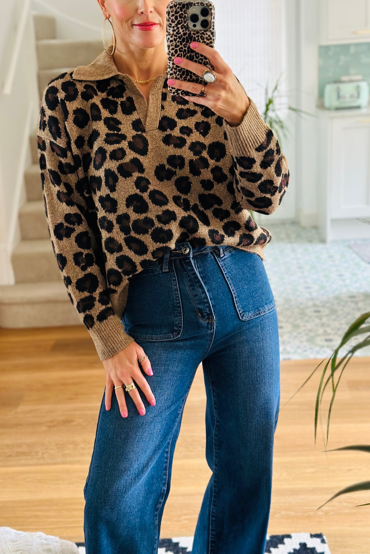 Leopard Print Collared Knit