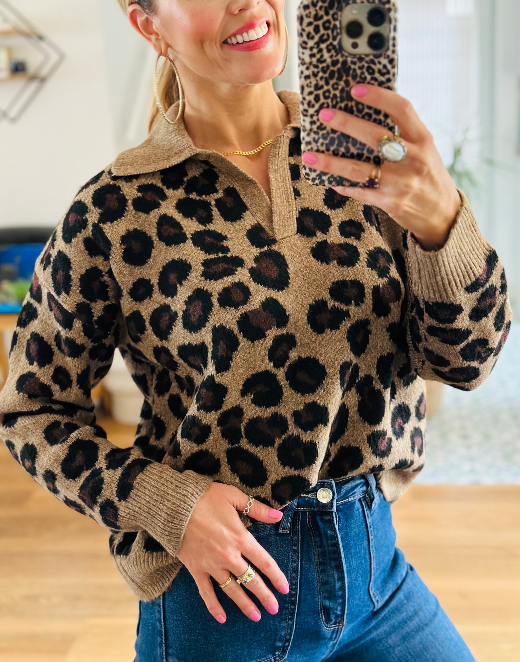 Leopard Print Collared Knit
