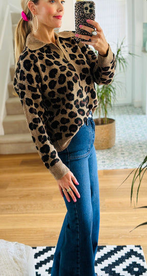Leopard Print Collared Knit