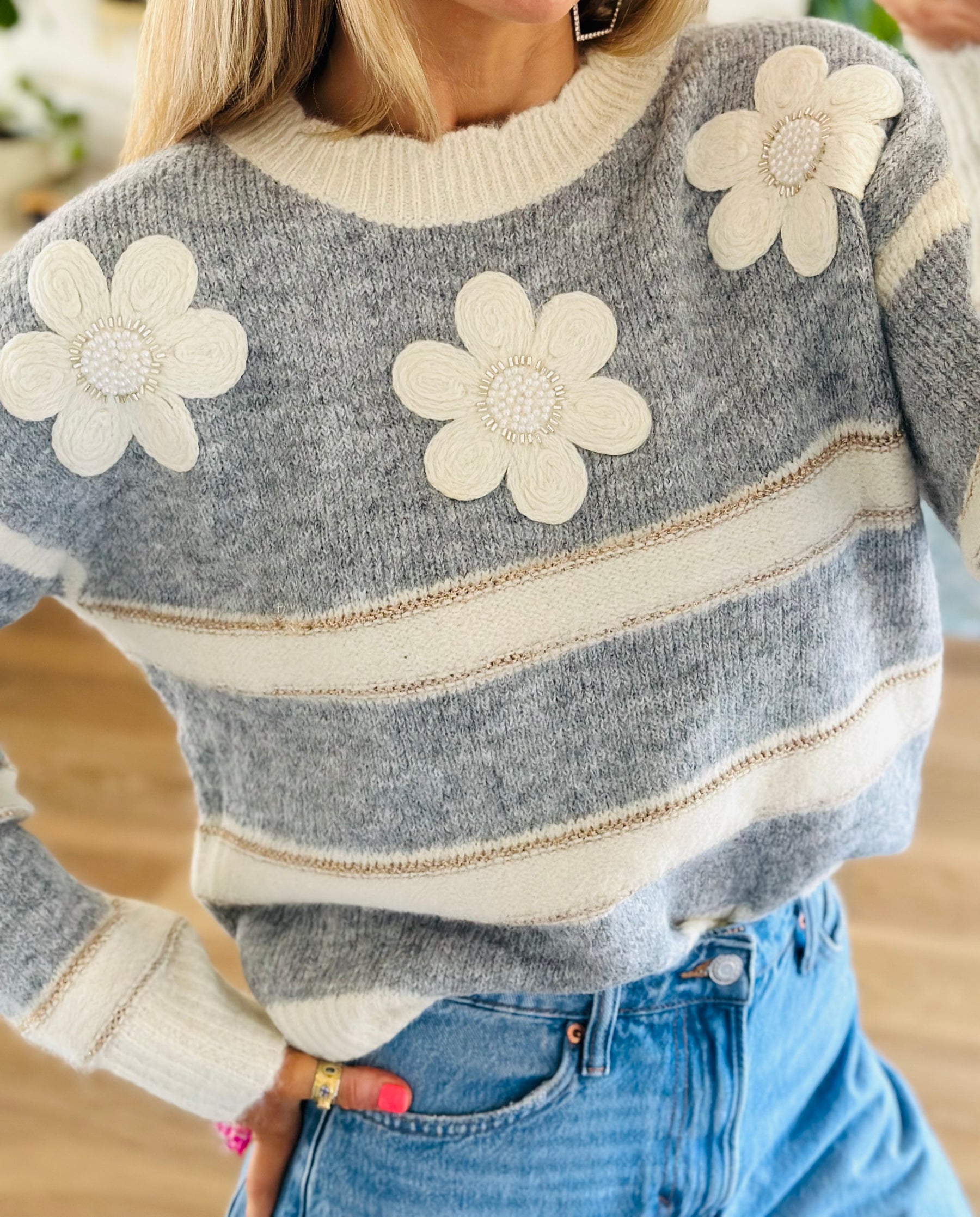 Flower Power Jumper in Grey and Cream