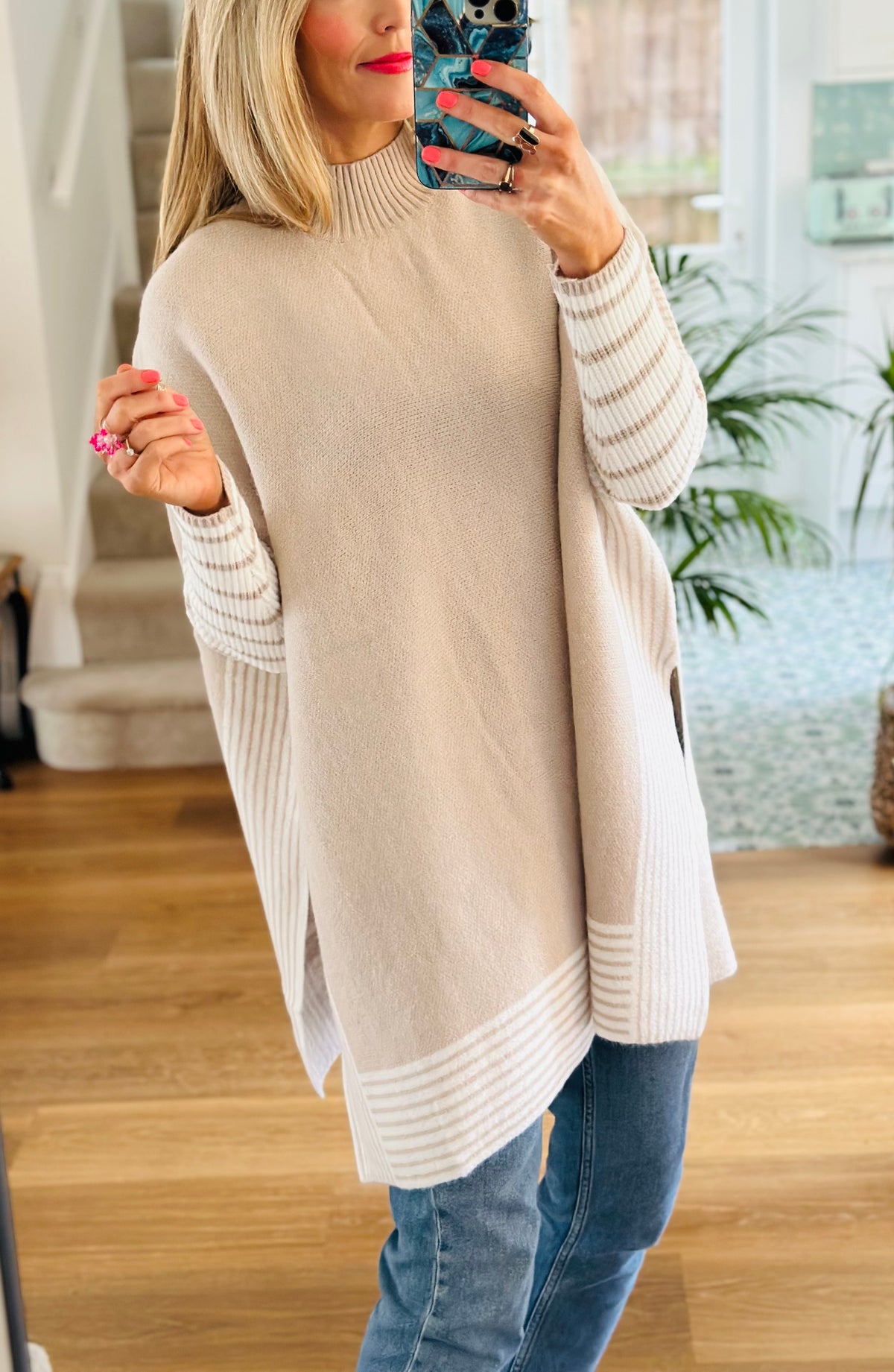 Striped Poncho Oatmeal