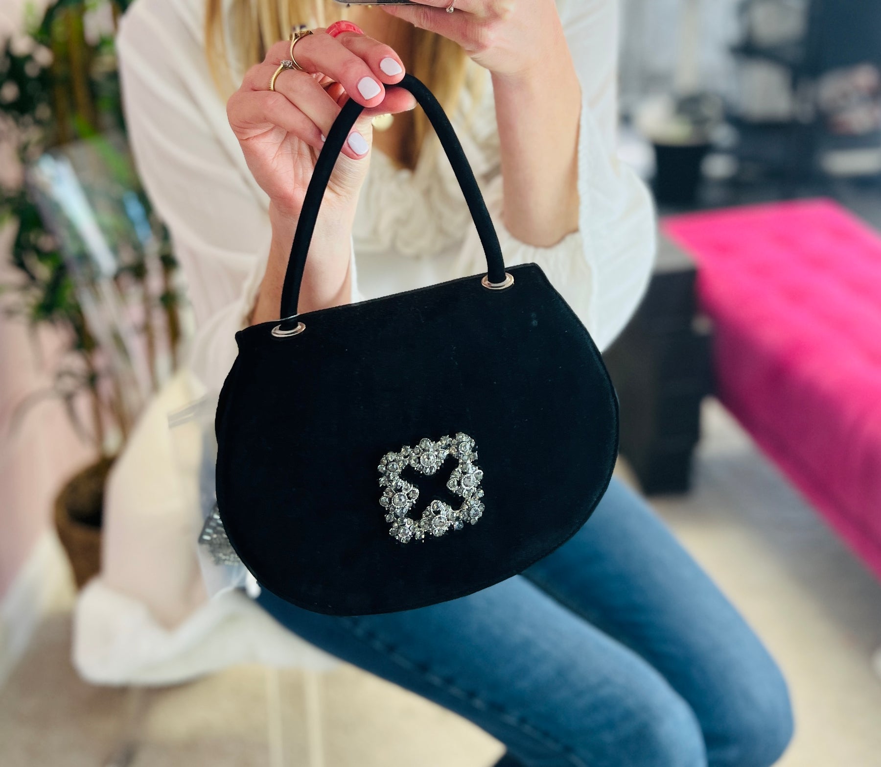 SAMPLE SALE Black suede evening bag with embellishment
