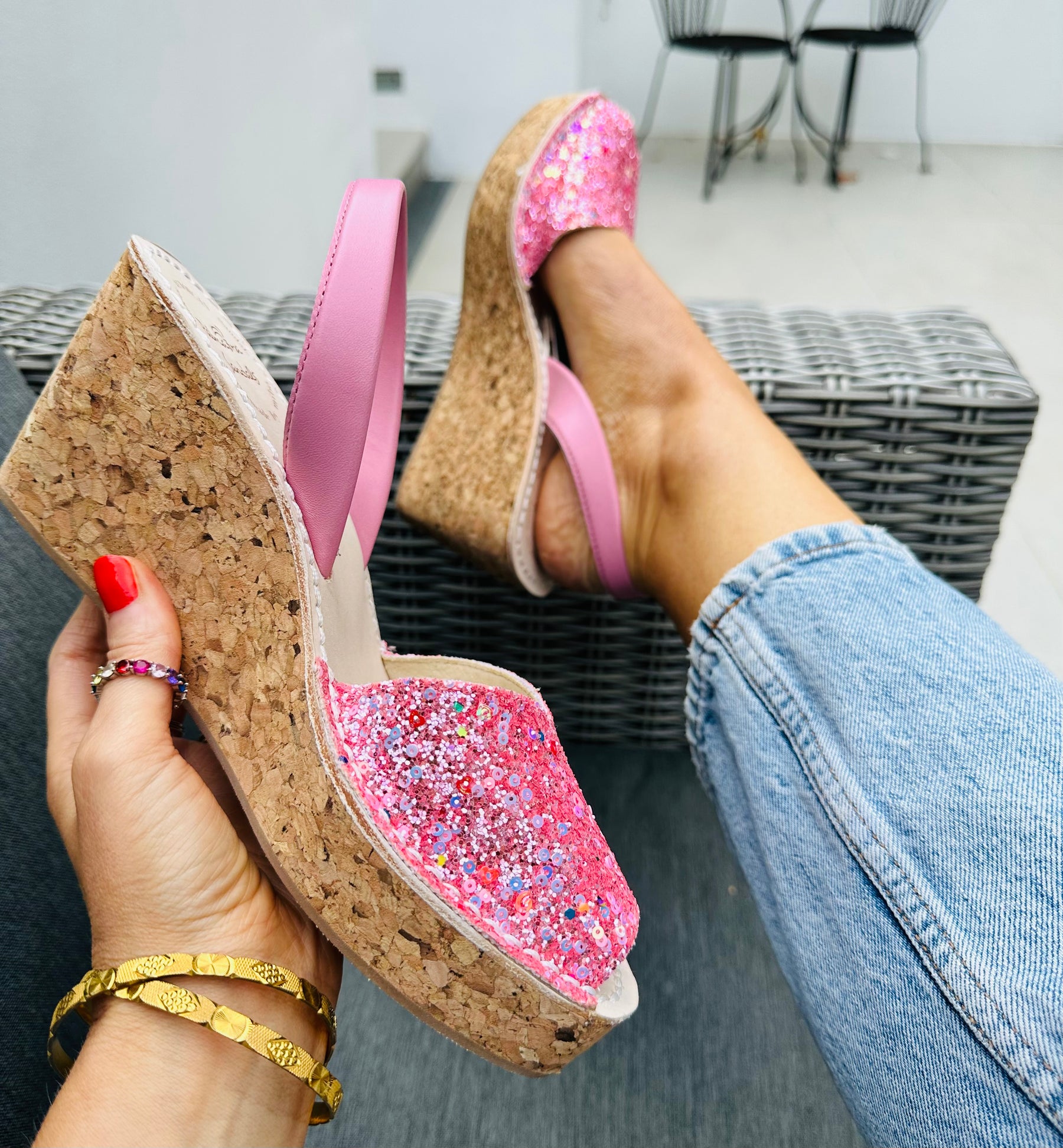 Iridescent candy pink glitter with a soft bubblegum pink leather heel strap. Comfortable, lightweight medium height cork wedge platform avarca sandals