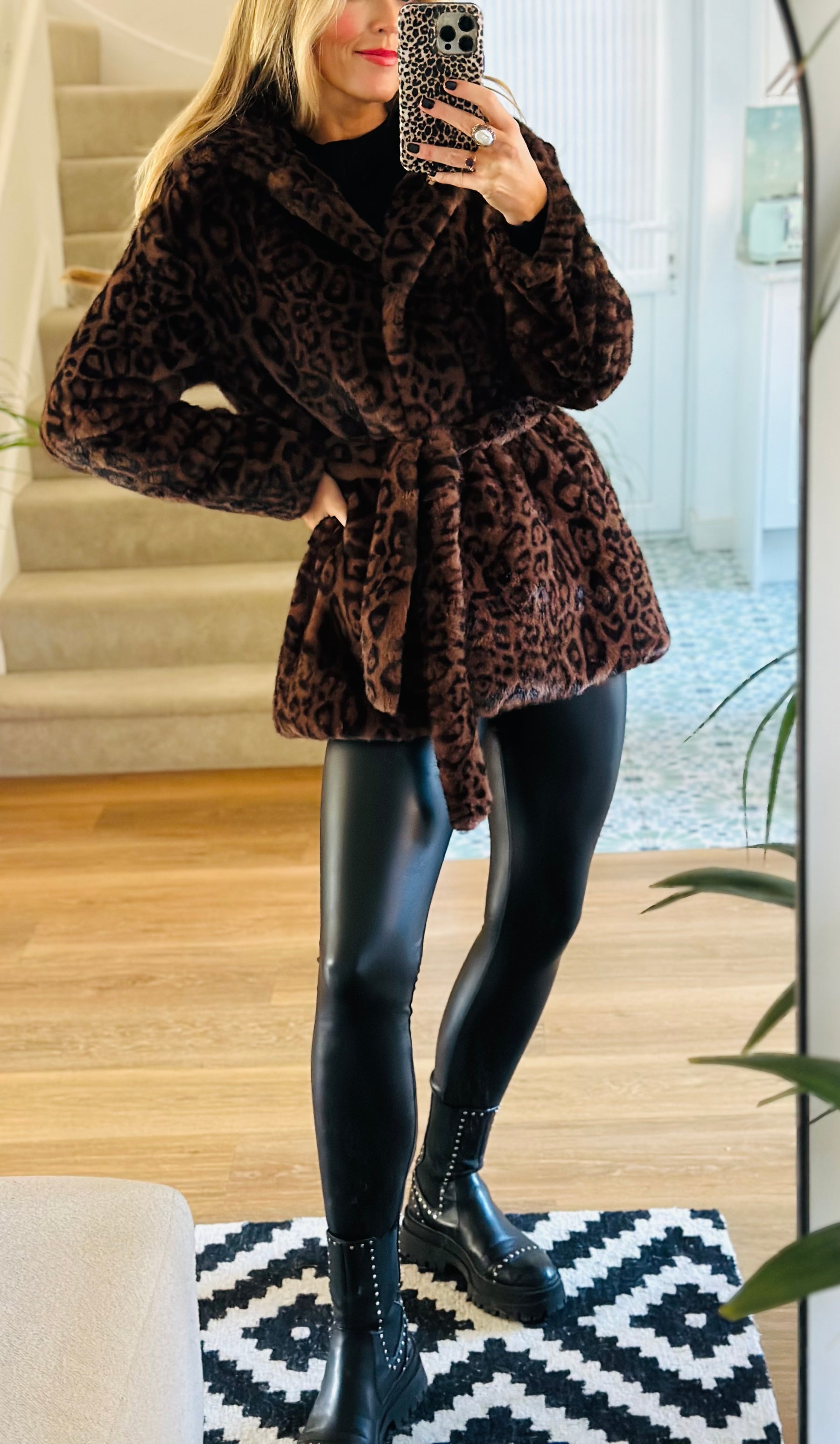 Cleo Leopard Faux Fur Hooded Coat