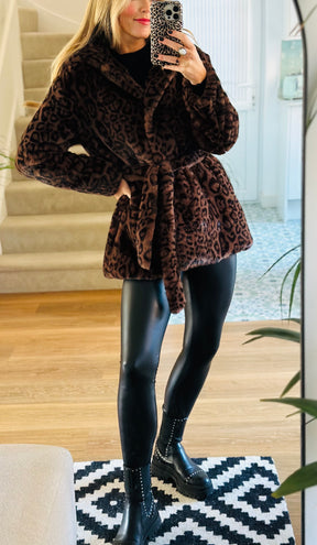 Cleo Leopard Faux Fur Hooded Coat