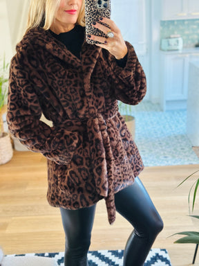 Cleo Leopard Faux Fur Hooded Coat