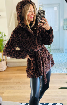 Cleo Leopard Faux Fur Hooded Coat