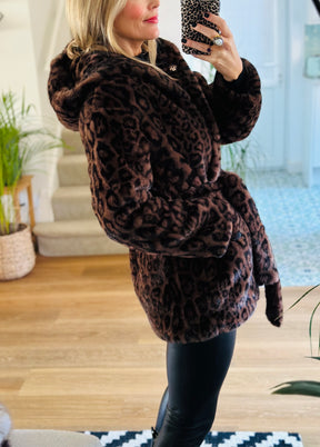 Cleo Leopard Faux Fur Hooded Coat