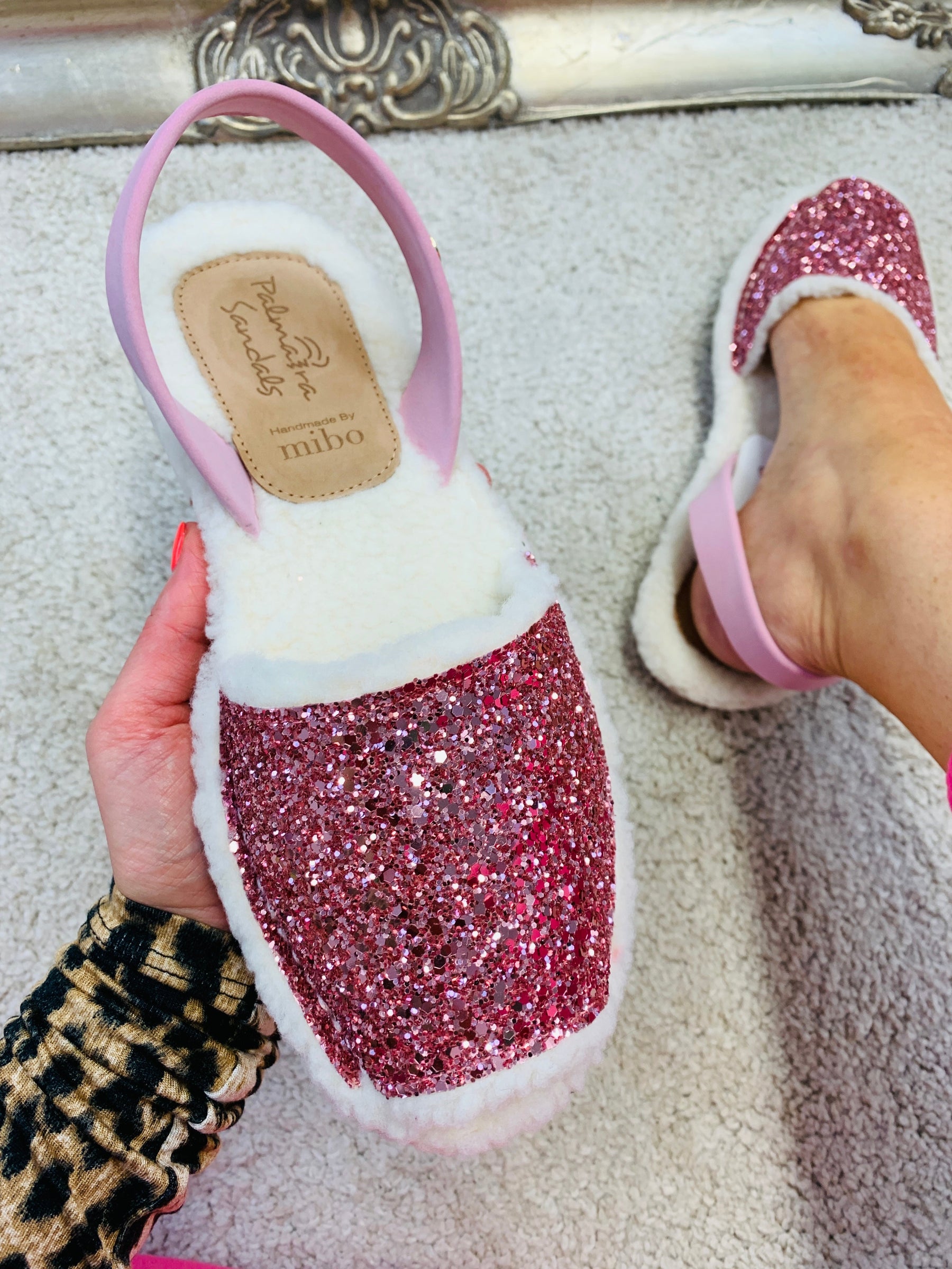 Pink glitter wool lined spanish menorcan slipper avarcas