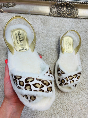 cream and gold leopard print crossover cosy wool lined slipper snugs.