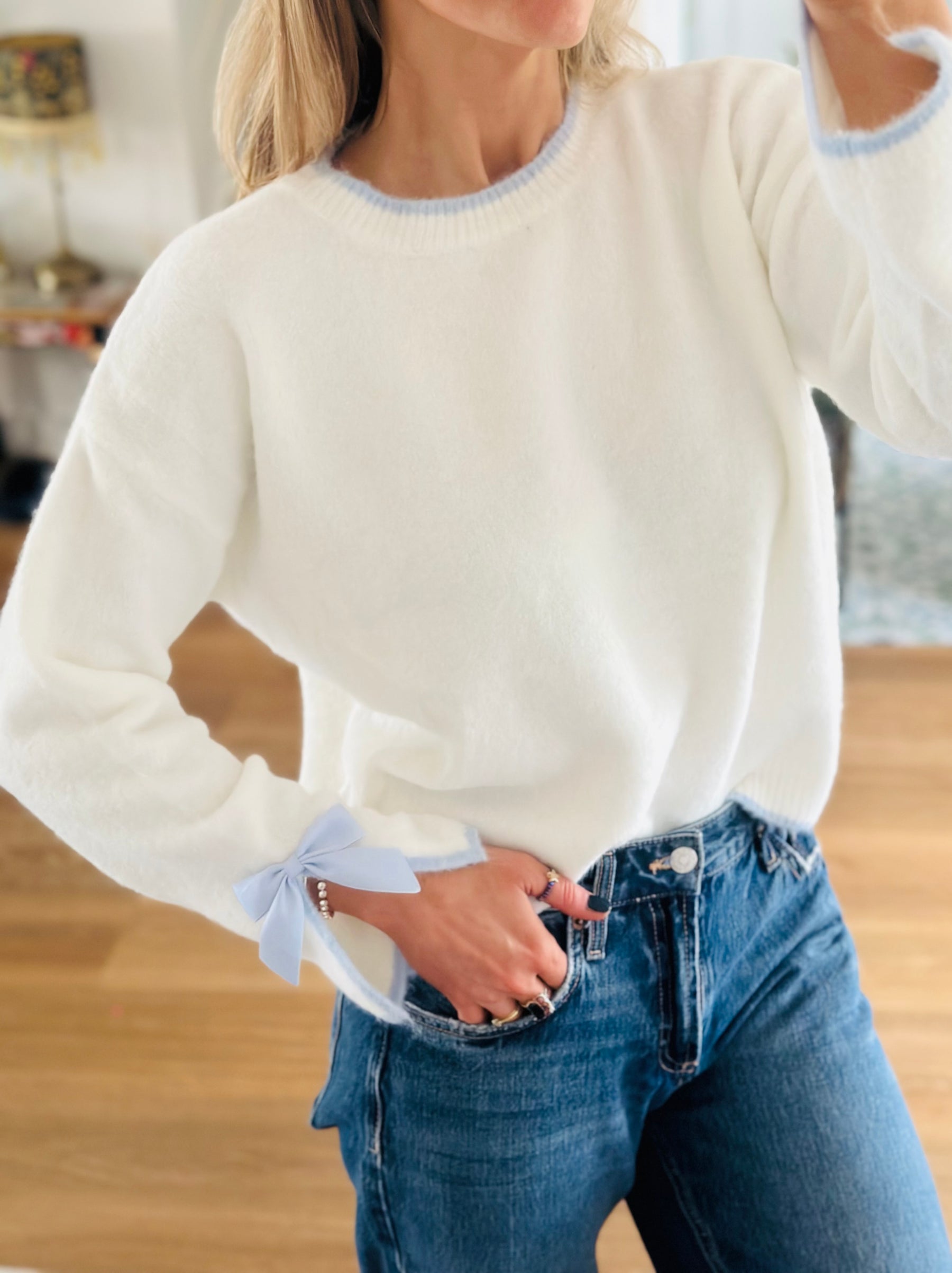 Winter White Bow Cuff Jumper