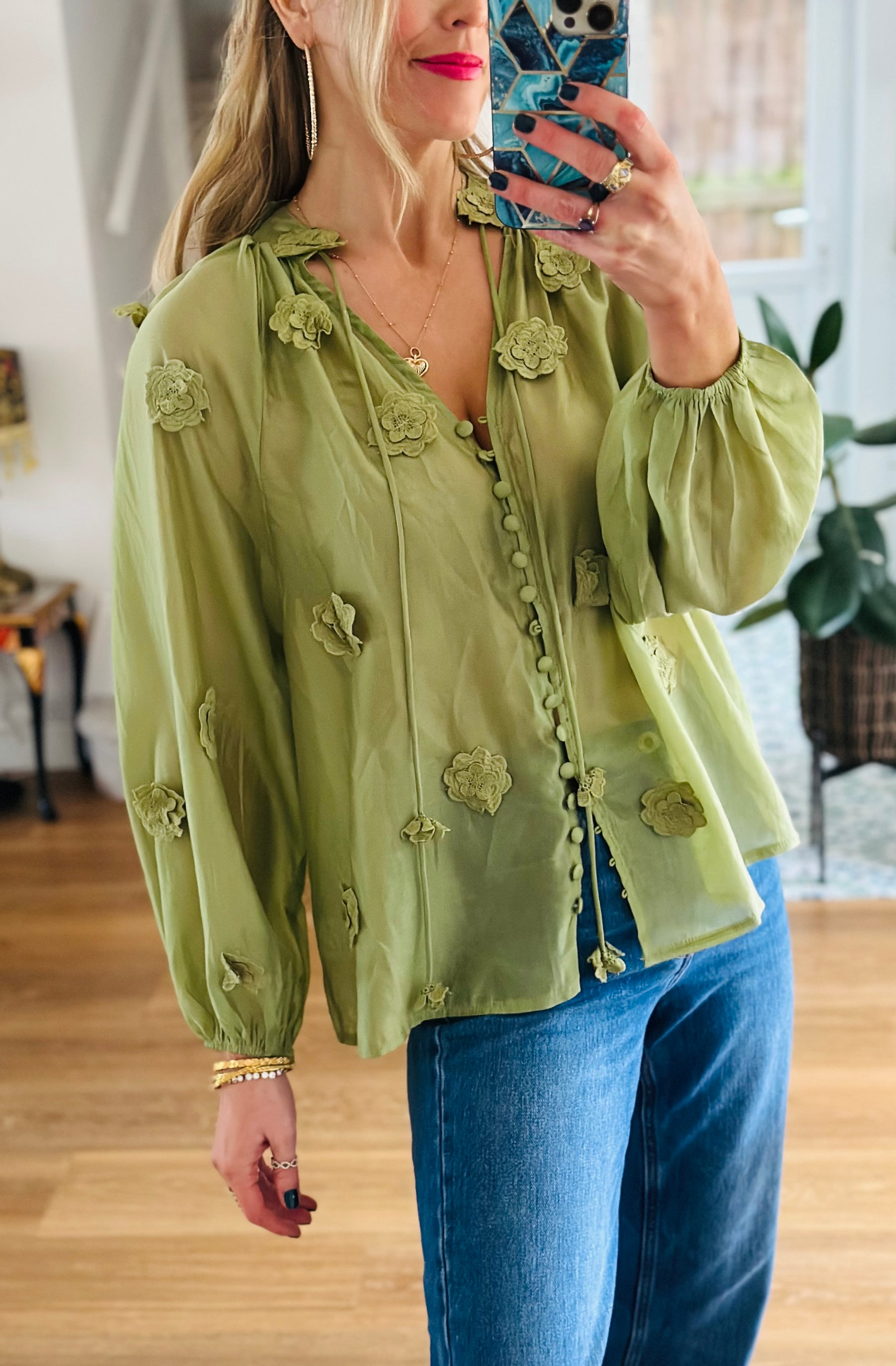 Silk Flower Blouse in Pistachio