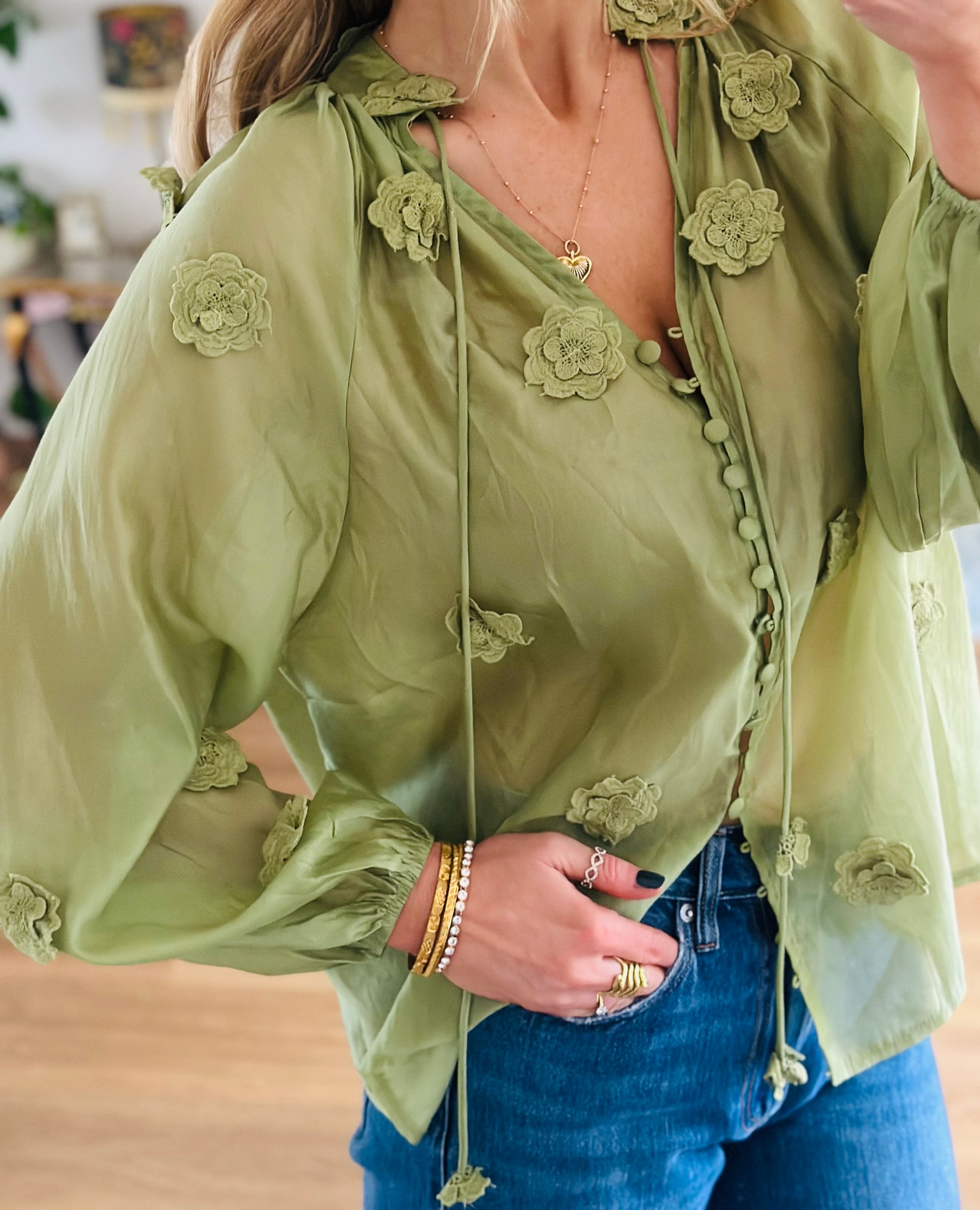 Silk Flower Blouse in Pistachio