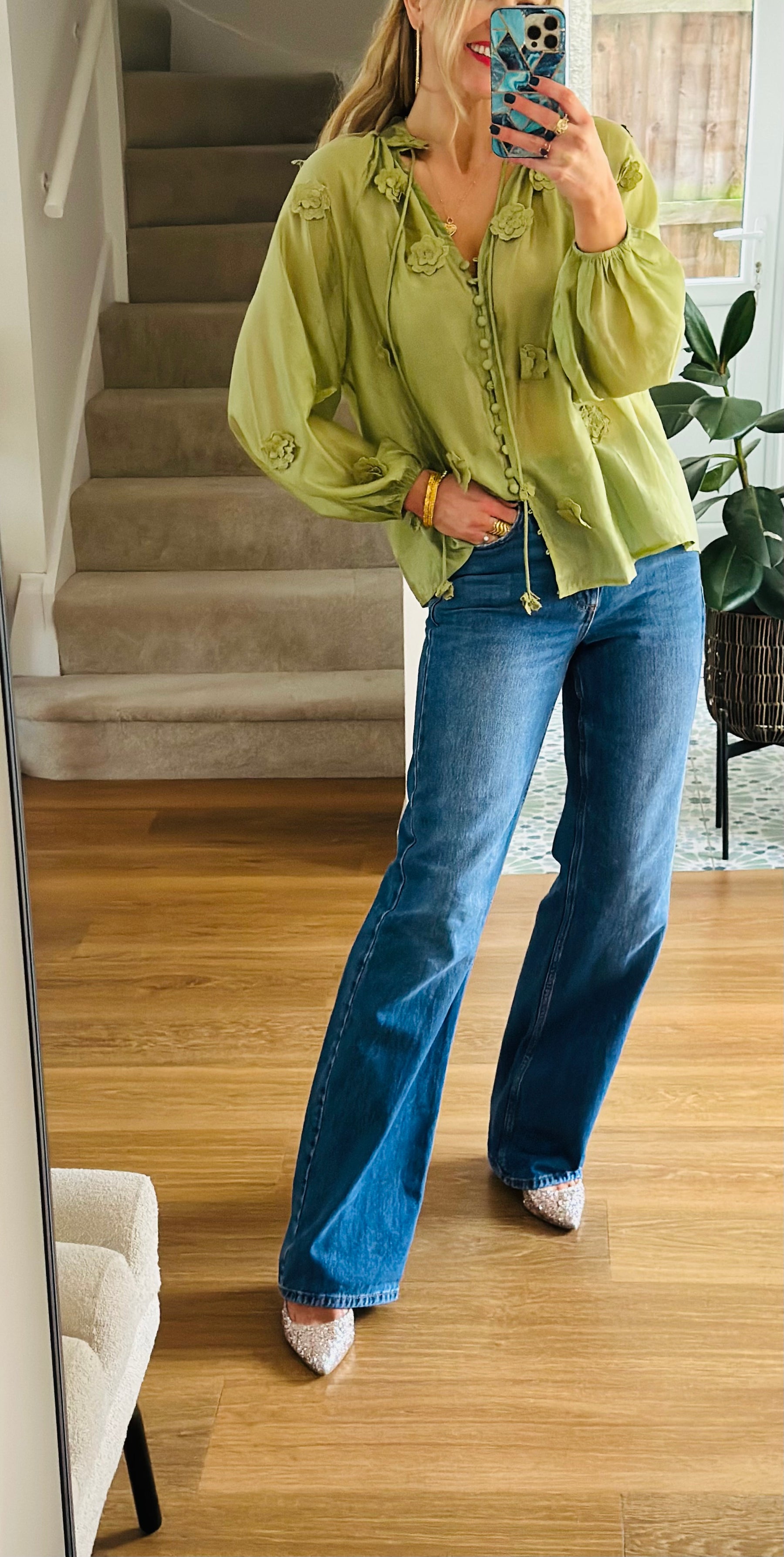 Silk Flower Blouse in Pistachio