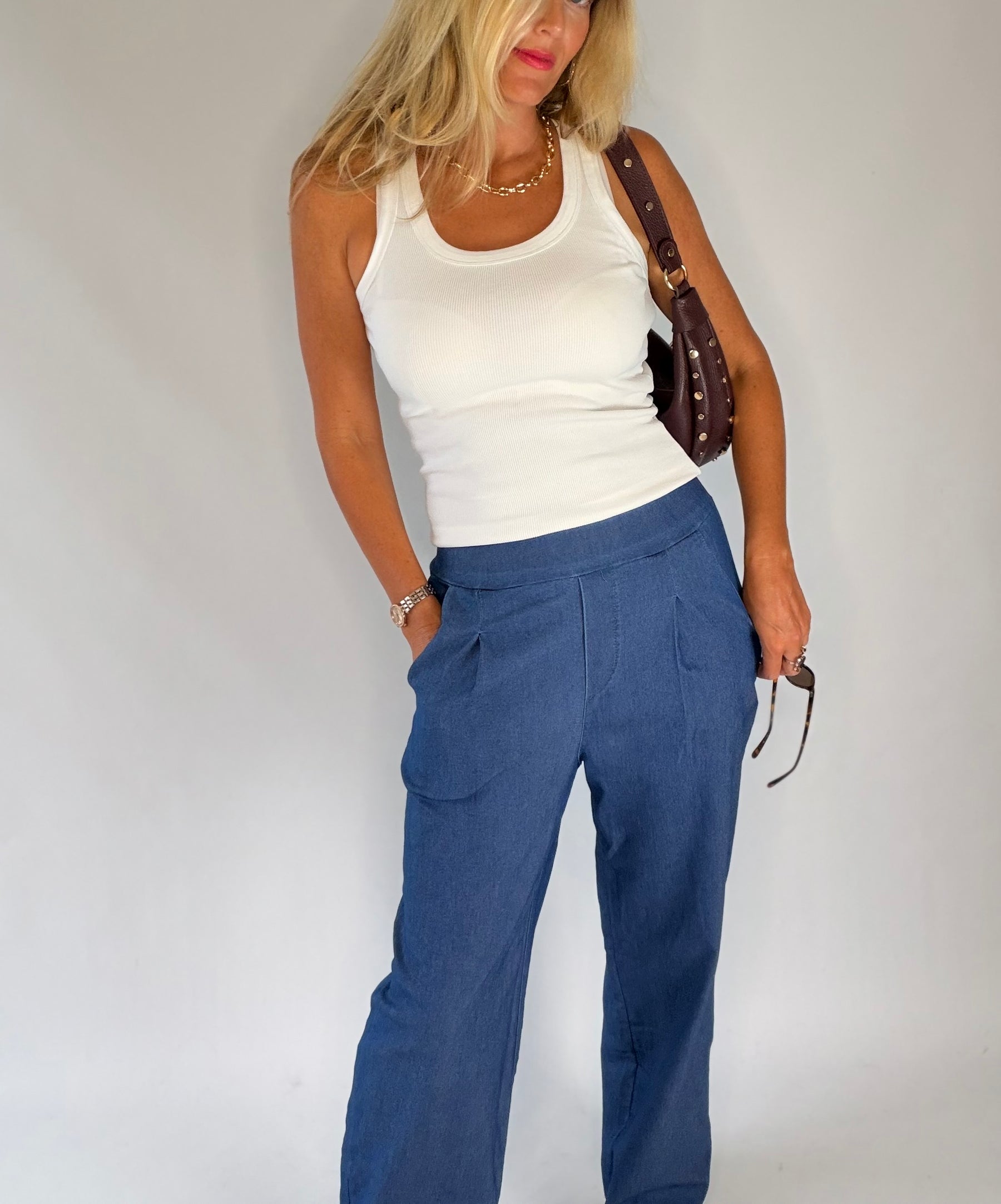 Denim Wide Leg Stretch Trousers