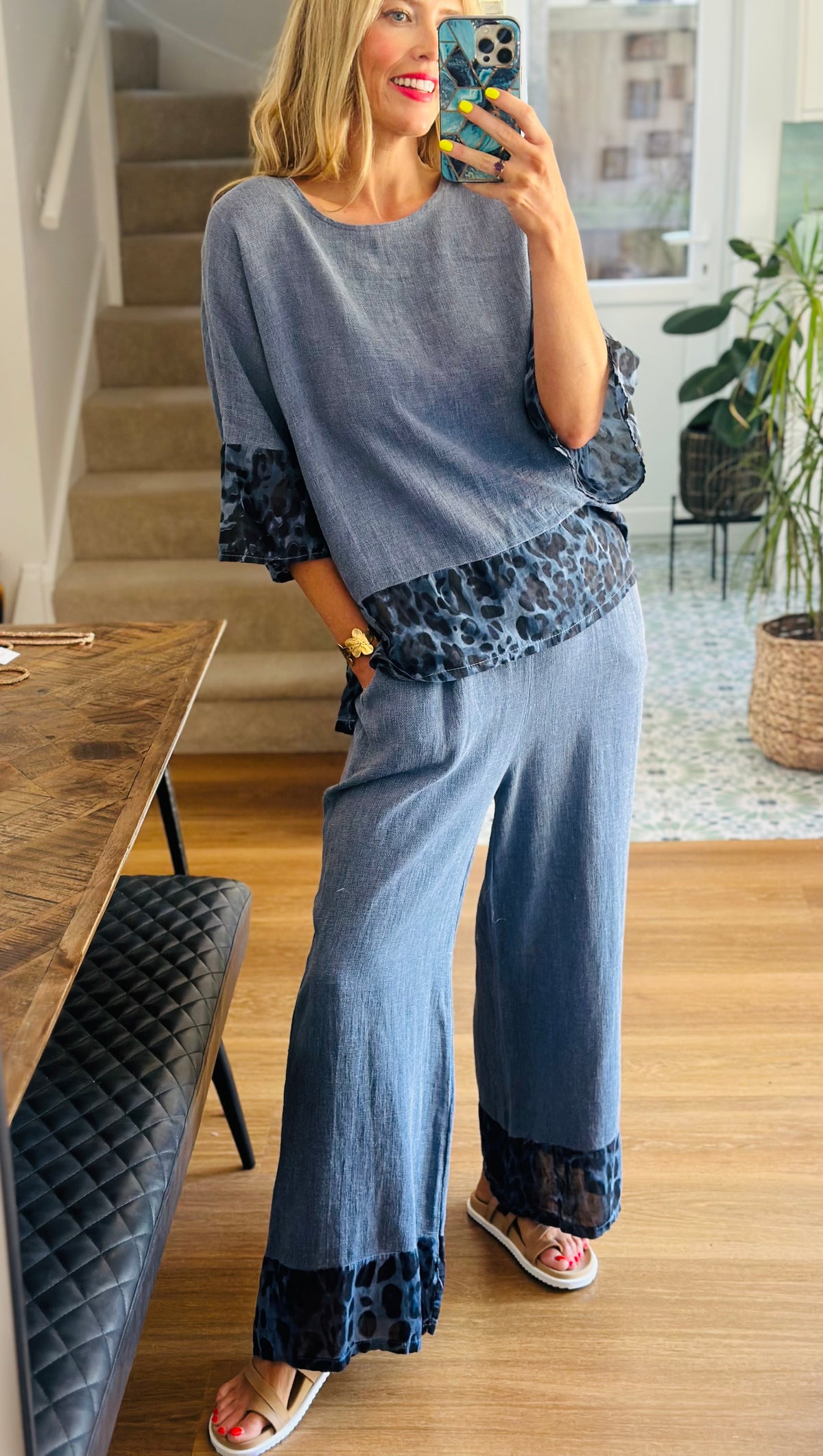 Washed Linen Indigo Leopard Top