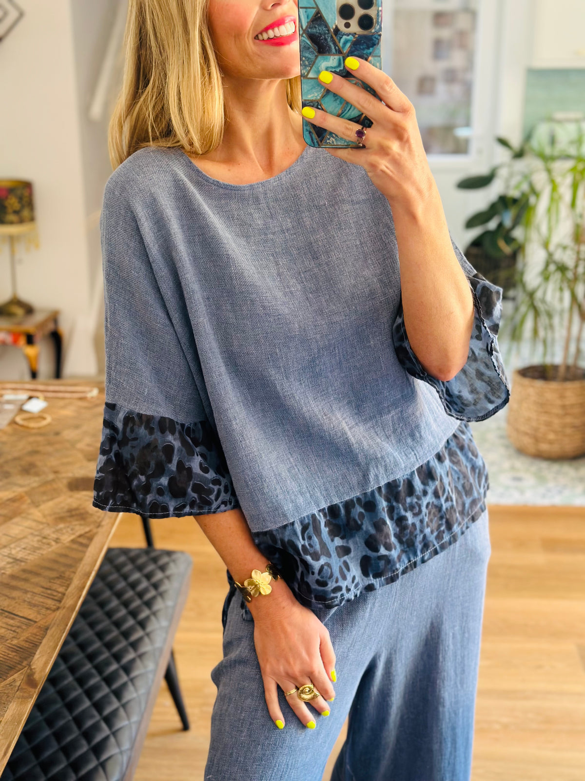 Washed Linen Indigo Leopard Top