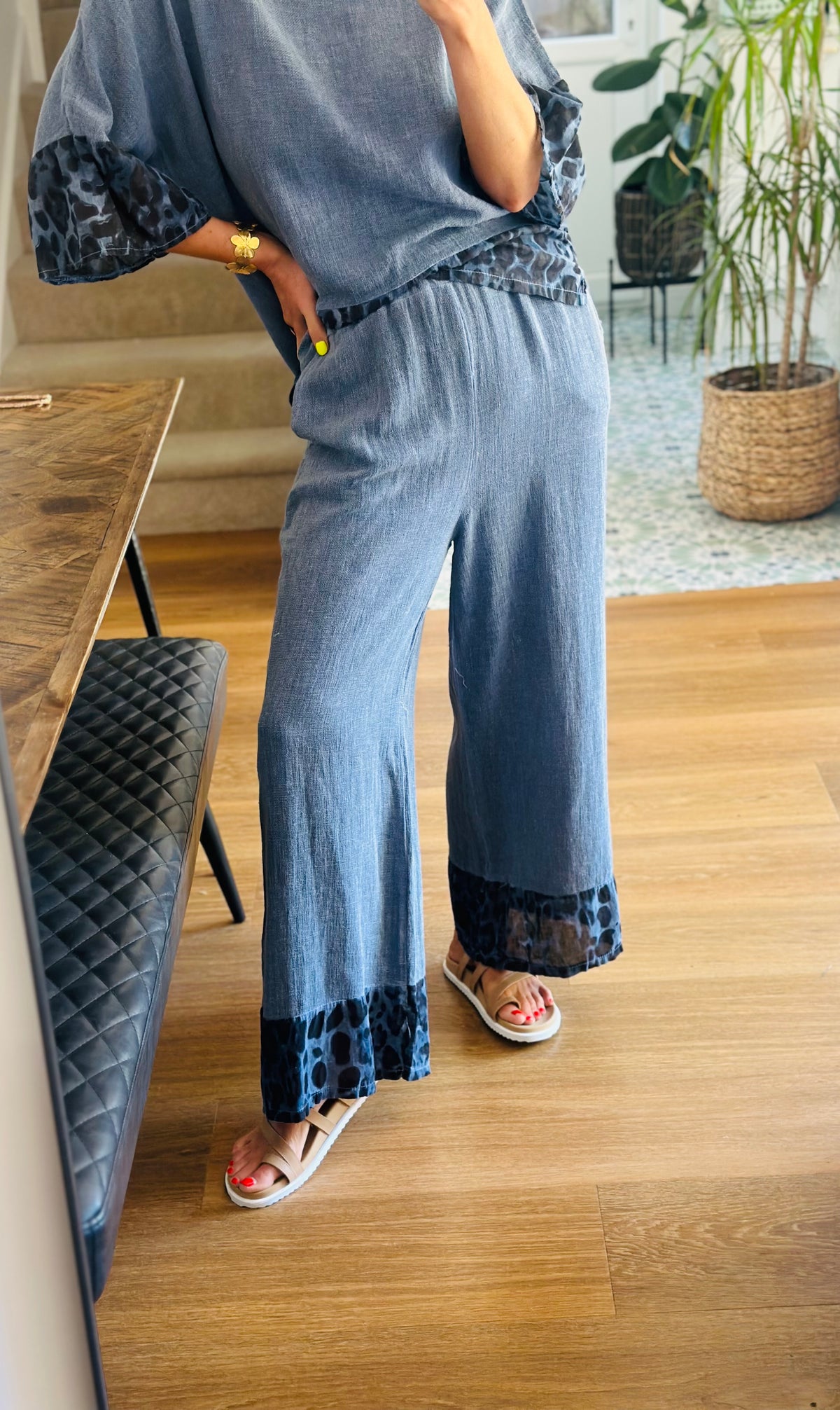Washed Linen Indigo Leopard Trousers