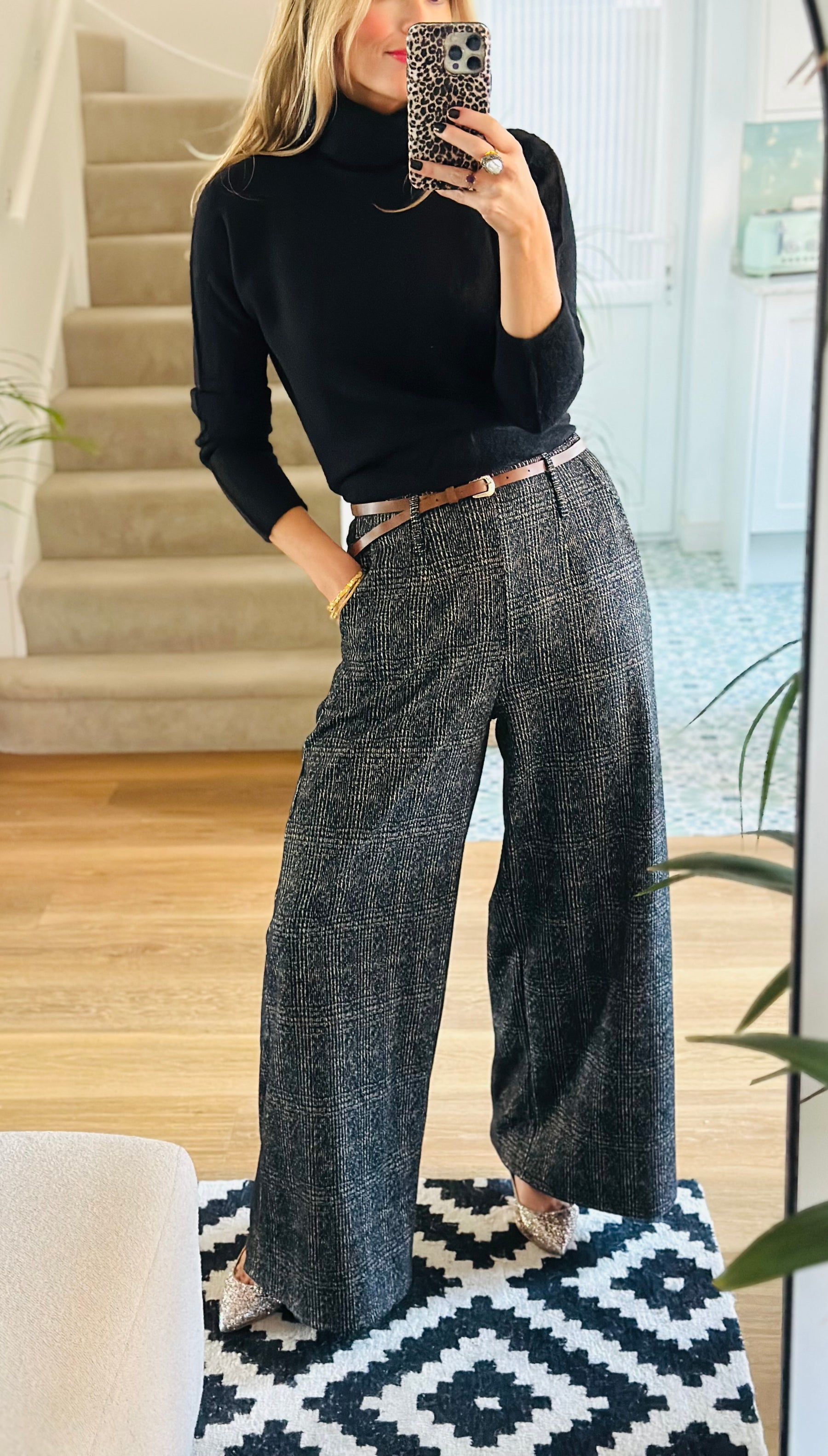 Wide Leg Tweed Effect Trousers