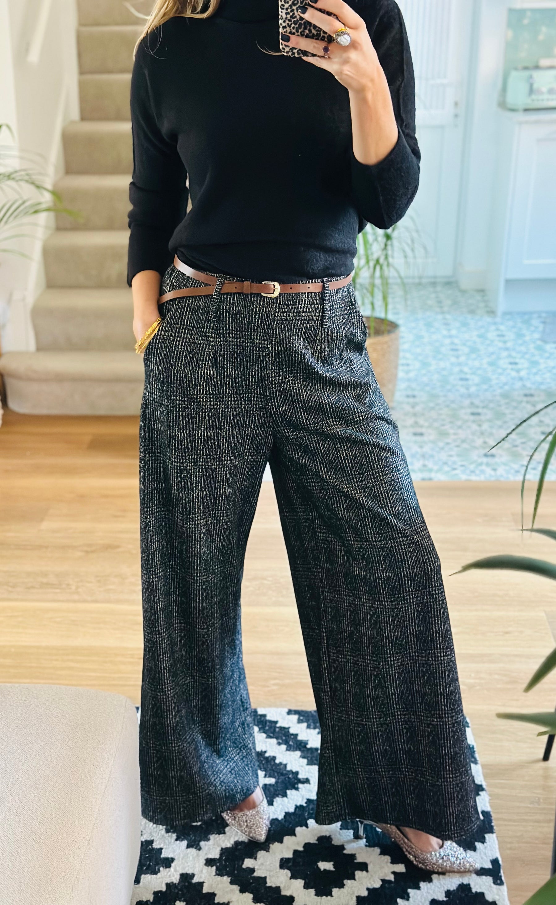 Wide Leg Tweed Effect Trousers