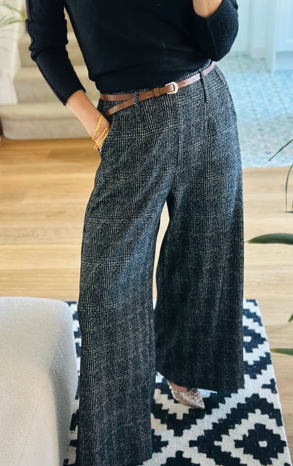 Wide Leg Tweed Effect Trousers
