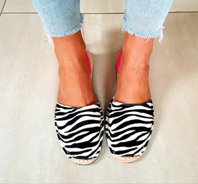 zebra print and neon pink menorcan spanish avarcas sandals